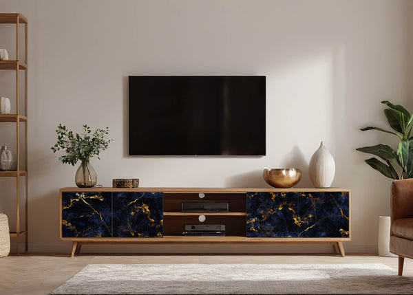 Möbelfolie in blauer Marmoroptik mit goldenen Adern