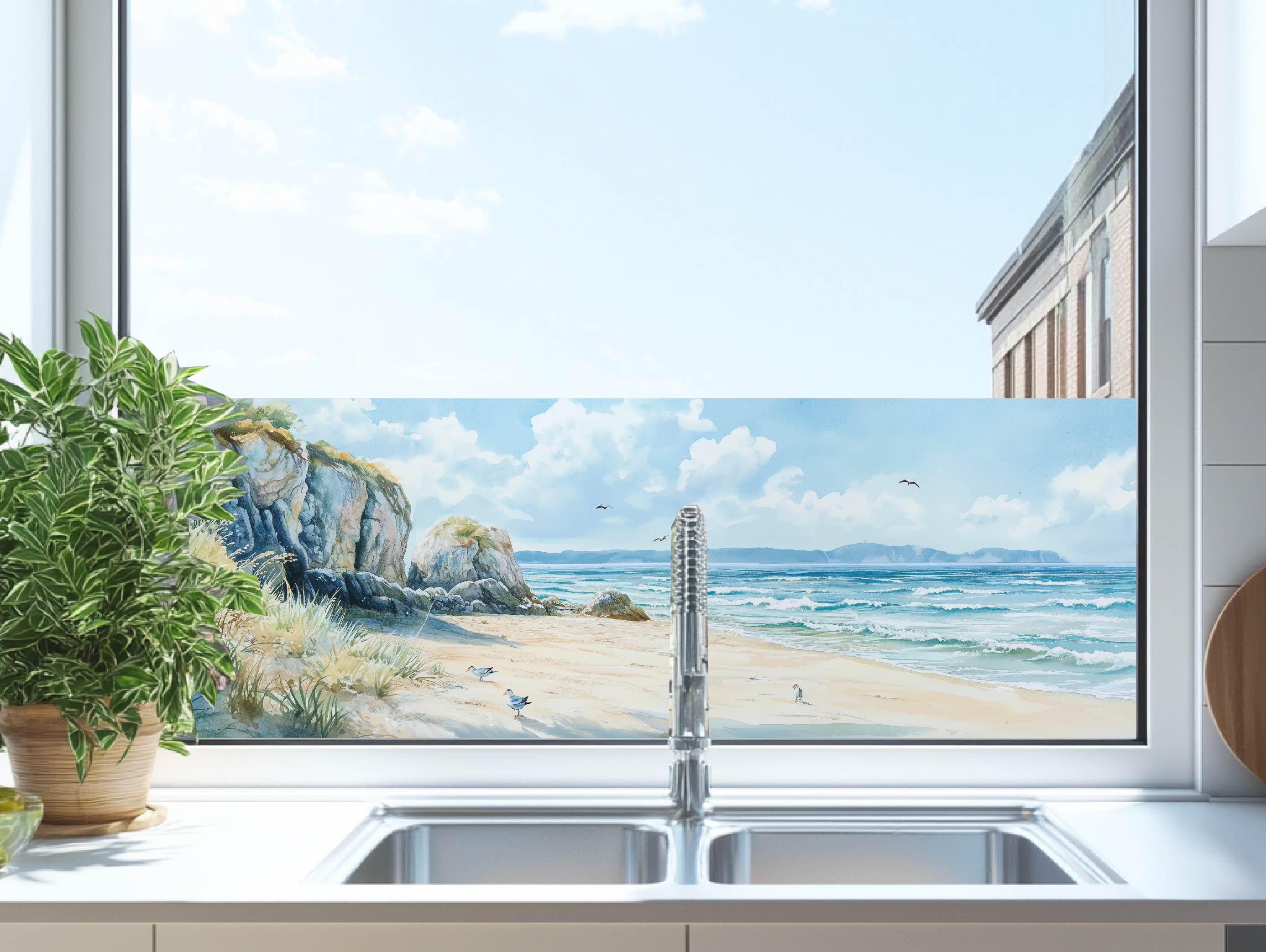 Milchglasfolie Düne mit Klippe Aquarell