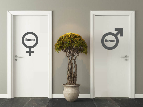 Aufkleber WC Symbol Mars Herren und Venus Frauen + Text im Kreis
