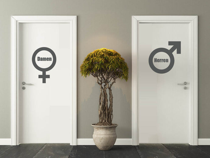Aufkleber WC Symbol Mars Herren und Venus Frauen + Text im Kreis