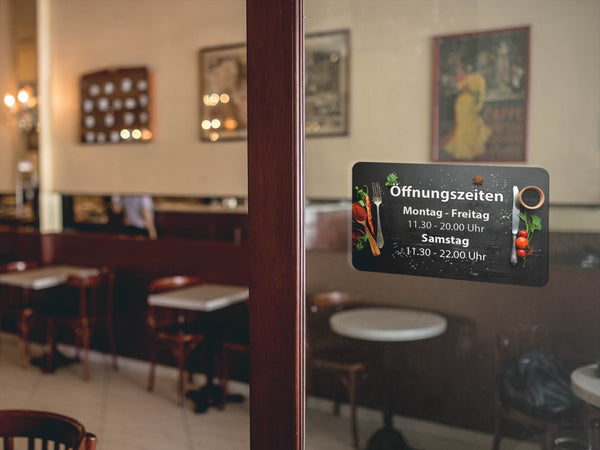 Öffnungszeiten Aufkleber Restaurant Graphit mit Besteck