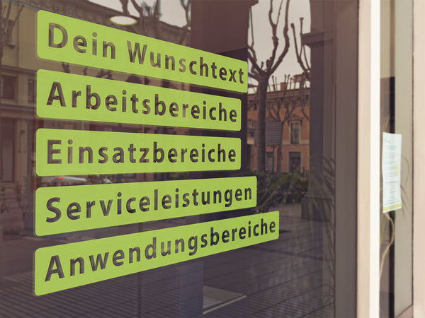 Schaufenster Aufkleber Dienstleistungen Textblöcke