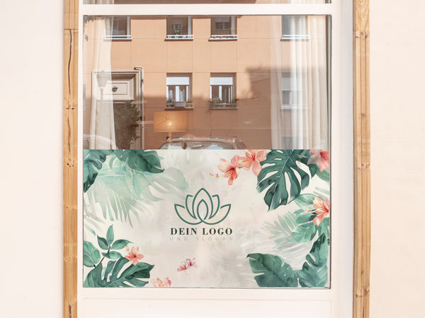 Milchglasfolie Tropische Pflanzen mit Logo Sichtschutz