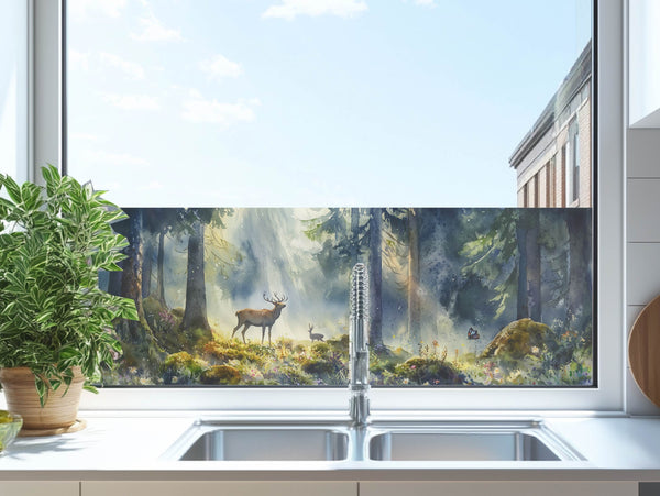 Milchglasfolie Wald mit Hirsch Aquarell