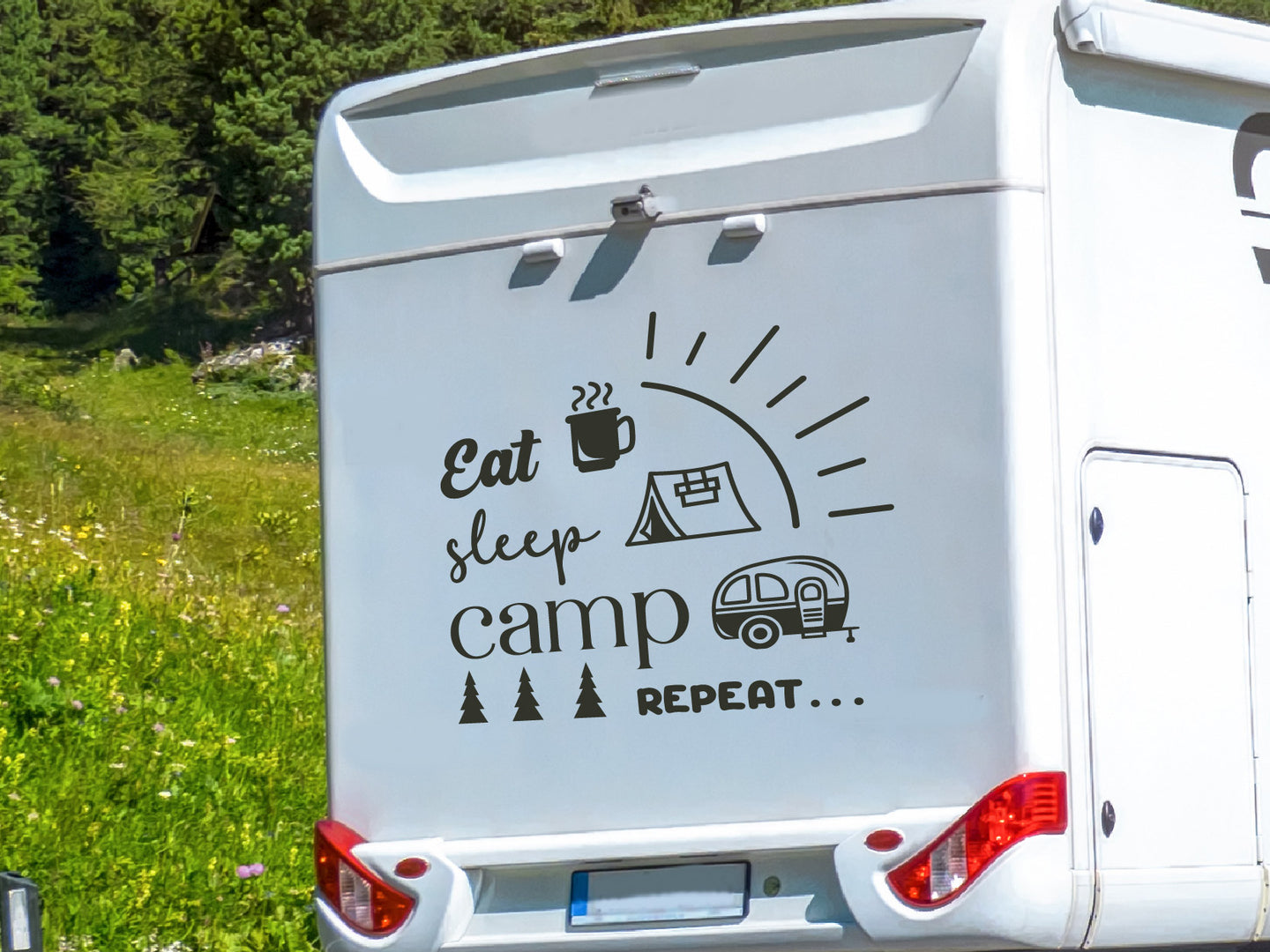 Wohnmobil Aufkleber Eat, Sleep, Camp & Repeat