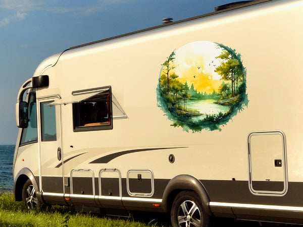 Wohnmobil Aufkleber Aquarell Flusslandschaft mit Vögeln Seite