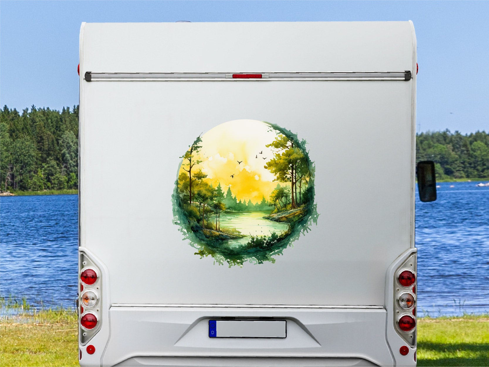 aufkleber camper Wohnmobil Aufkleber Aquarell Flusslandschaft mit Vögeln – Folienhain