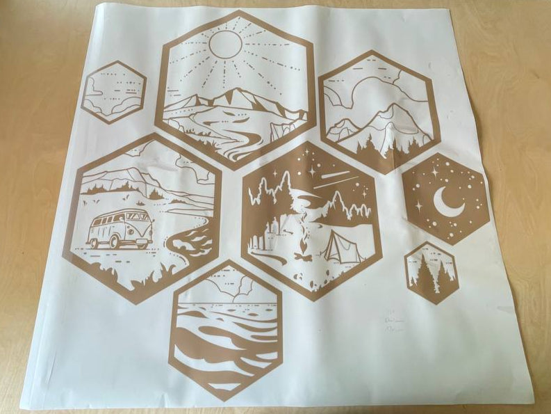 Aufkleber Camping, Van & Meer Warbenmuster 120cm hellbraun