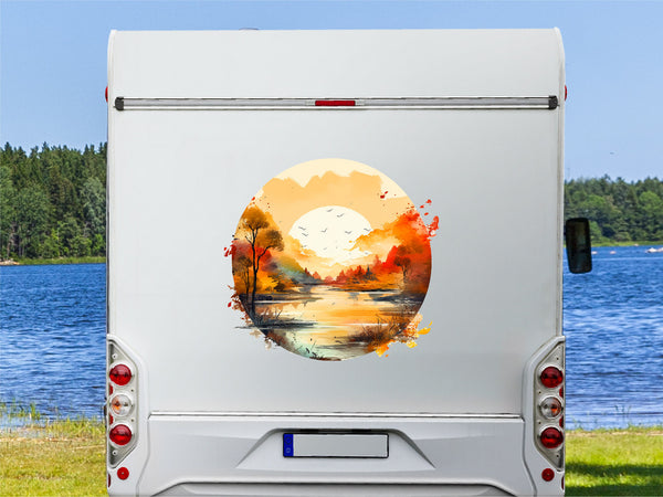 Wohnmobil Aufkleber Aquarell Sonnenuntergang rund