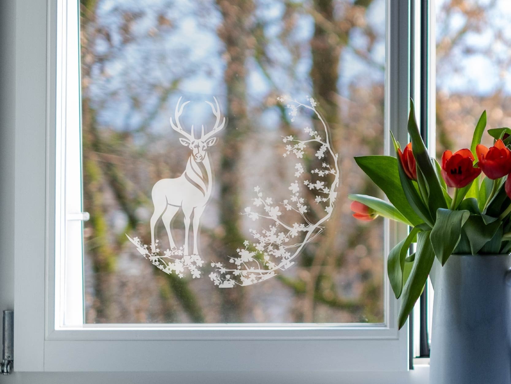 Vinilo para ventana ciervo con flores de cerezo