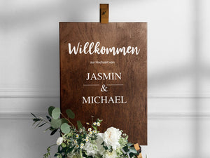Etiqueta de bienvenida de boda con nombre en cartel de boda