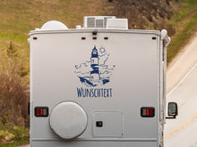 Laden Sie das Bild in den Galerie-Viewer, Wohnmobil Aufkleber Leuchtturm mit Wunschtext Wohnwagen 