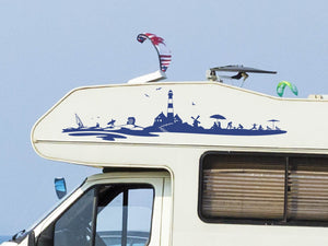 Wohnmobilaufkleber Meer und Berge mit Surfer und Leuchtturm  Sport,  Streifen, Landschaften und Landkarten, Aufkleber für Vans, Wohnmobile und  Wohnwägen.