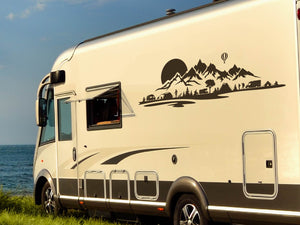 Aufkleber Wohnmobil Camping Skyline mit Bergen