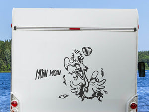Sticker mouette folle sur le hayon d'un camping-car